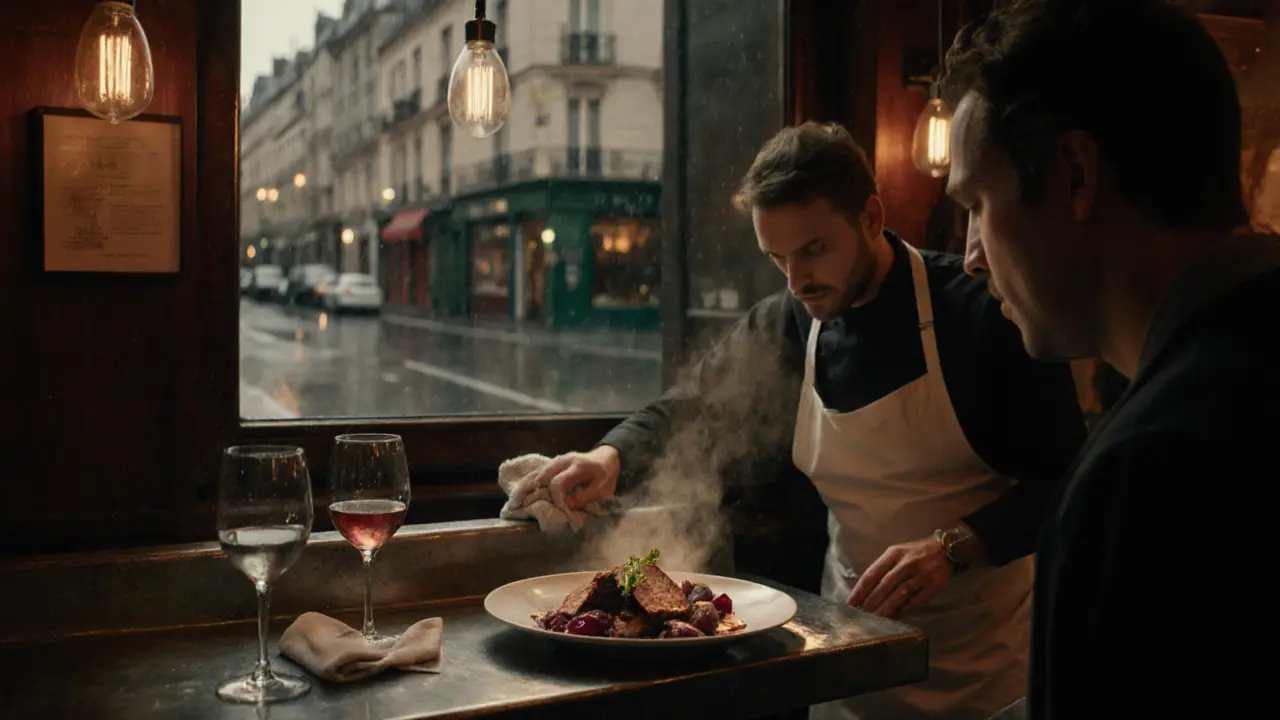 A diner enjoying duck confit at a zinc bar in a warm, softly lit Parisian bistro late at night.