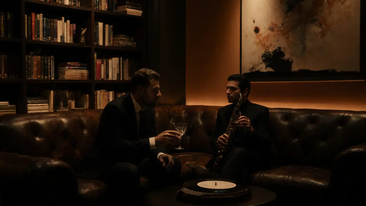 A discreet upscale lounge with leather sofas and ambient jazz music.