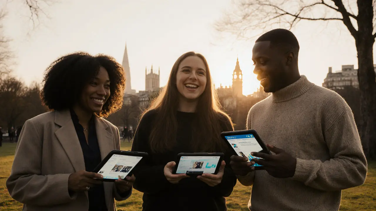 A diverse group of escorts sharing a quiet moment in a London park, holding devices with professional platforms.