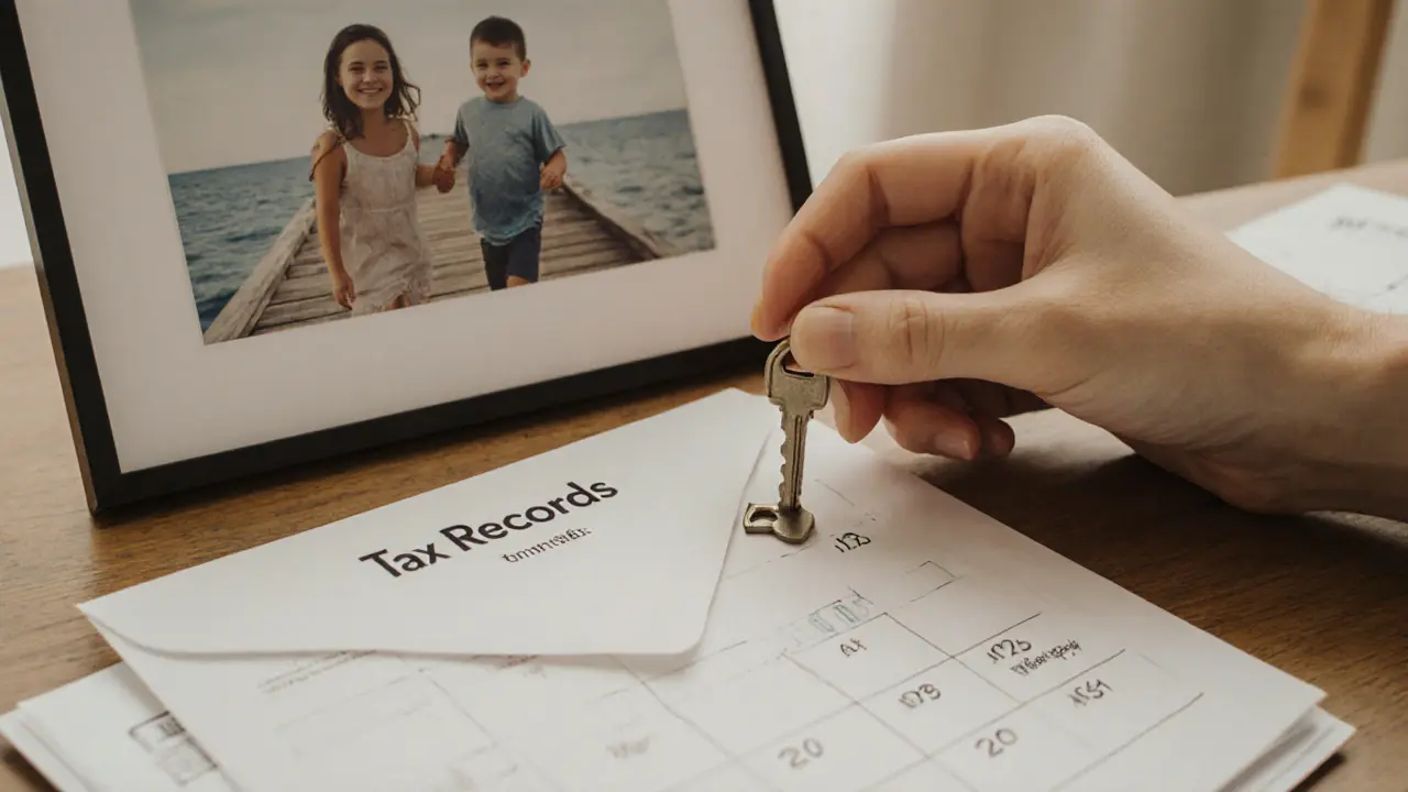 A hand placing a tax envelope and calendar on a table, with a family photo blurred in the background.
