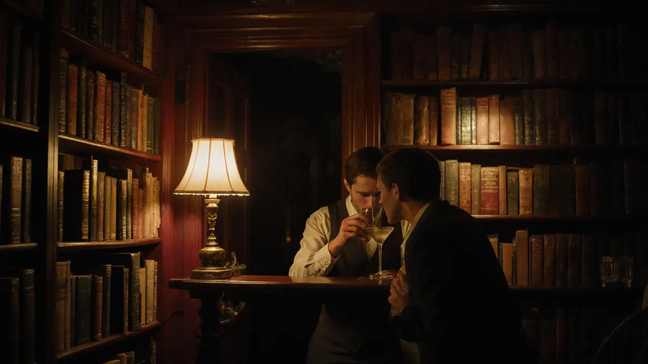 A hidden speakeasy behind a bookshelf, lit by a single lamp, with a bartender pouring a drink.