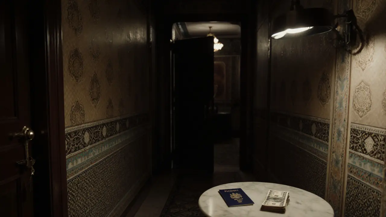 A hotel room side table holds a passport and cash, a keycard nearby, door slightly open in a dim, ornate corridor.