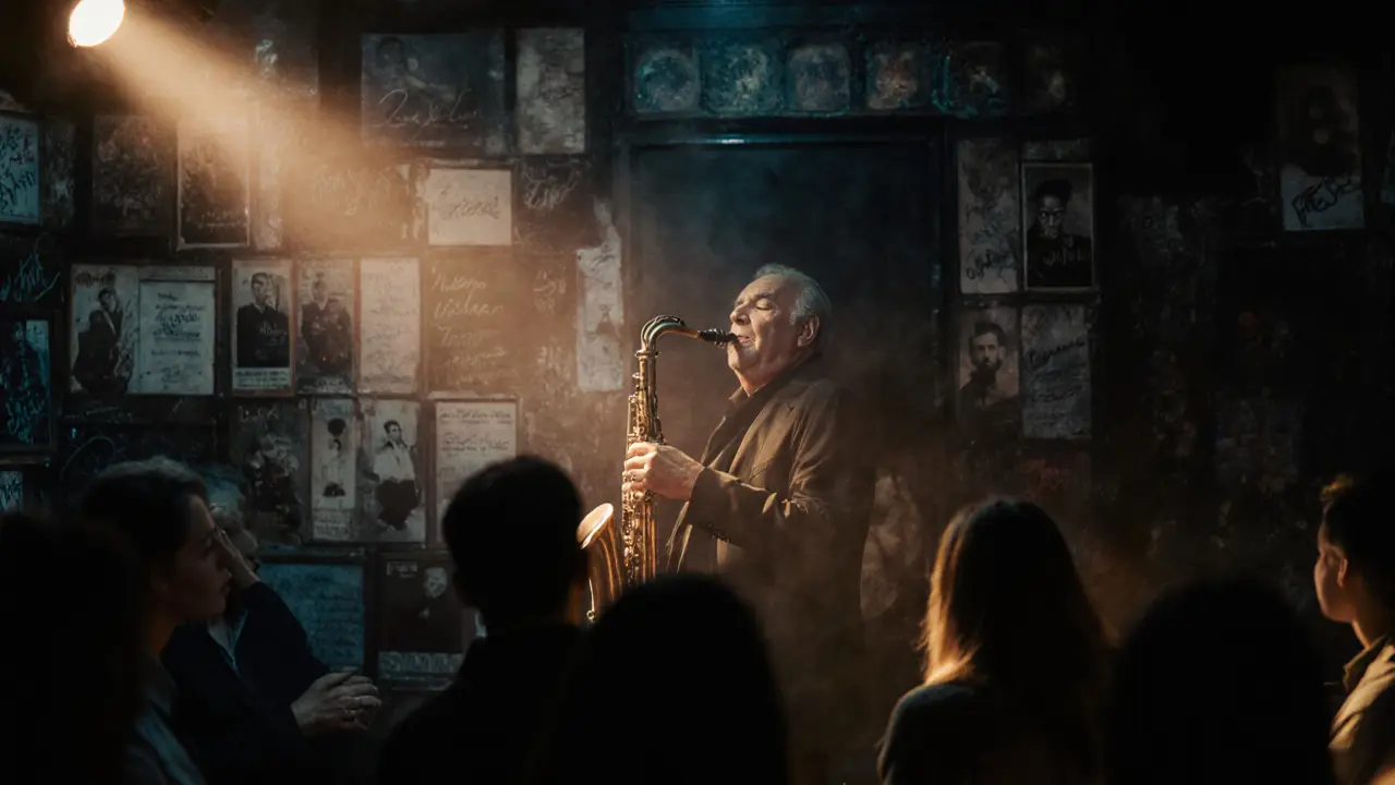 A jazz musician playing saxophone in a smoky, dimly lit Paris club, surrounded by an attentive, silent crowd.