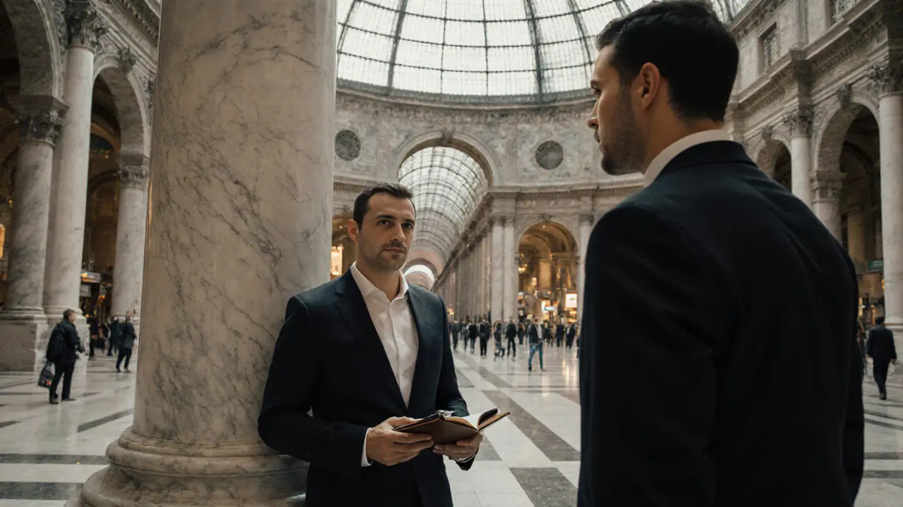 A professional escort waiting calmly in Galleria Vittorio Emanuele, meeting a client with quiet mutual recognition.