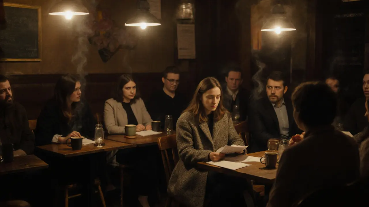 A quiet poetry reading with listeners absorbed in a writer&#039;s spoken words.