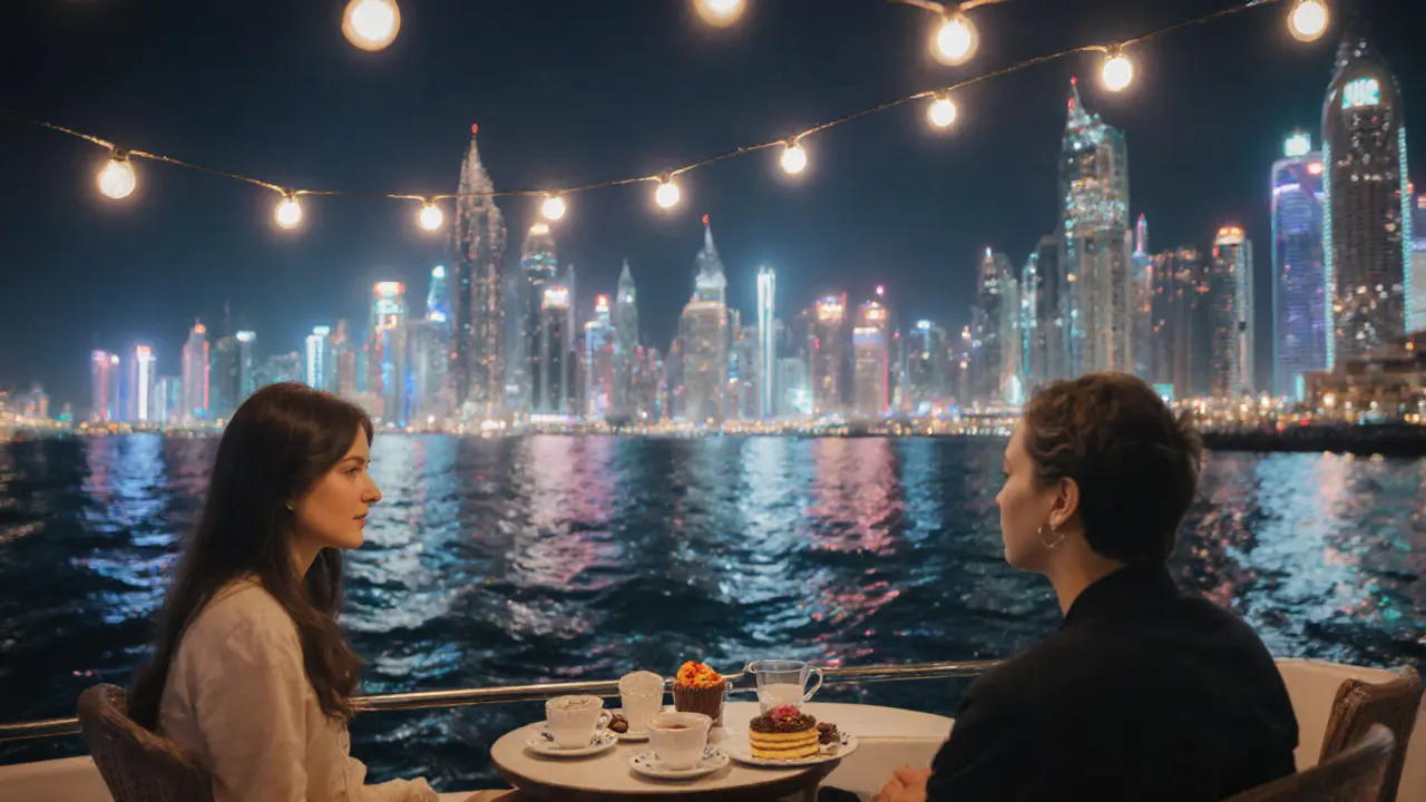 A quiet private yacht at night with city lights reflecting on water.