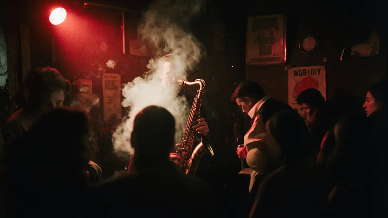 A smoky jazz club basement with a saxophonist playing under dim red lights and a small attentive crowd.
