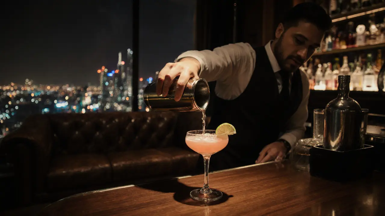 A sophisticated bar interior with a bartender pouring a cocktail under soft ambient lighting.