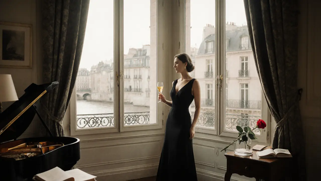 A sophisticated woman in an evening gown listens quietly in a sunlit Parisian apartment filled with art and books.