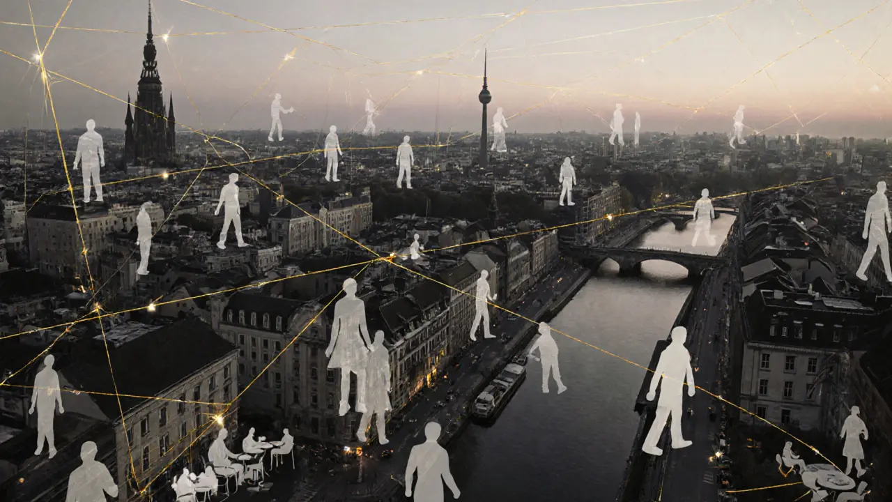 A surreal cityscape of Berlin at dawn, with invisible connections linking people across streets and cafes.
