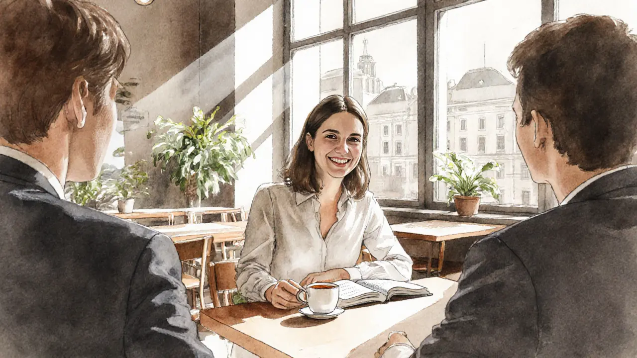 A woman and client share a calm daytime coffee meeting in a Berlin café, books and tea between them.