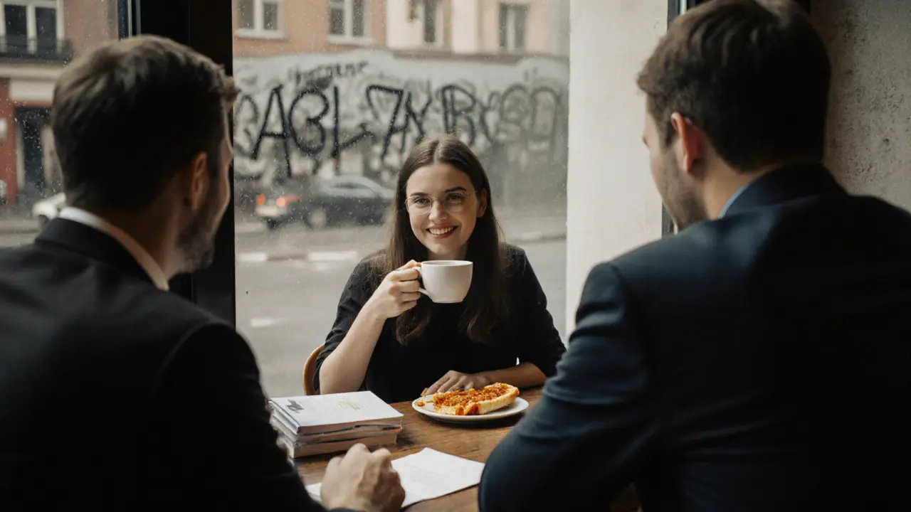 A woman and man having a calm conversation over coffee at a Berlin café, with the Wall Memorial visible in the background.