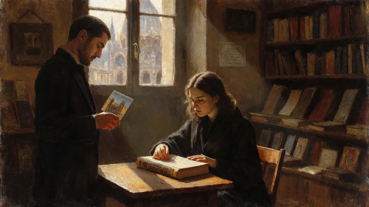 A woman examines a book about Milan&#039;s hidden courtyards in a sunlit bookshop.