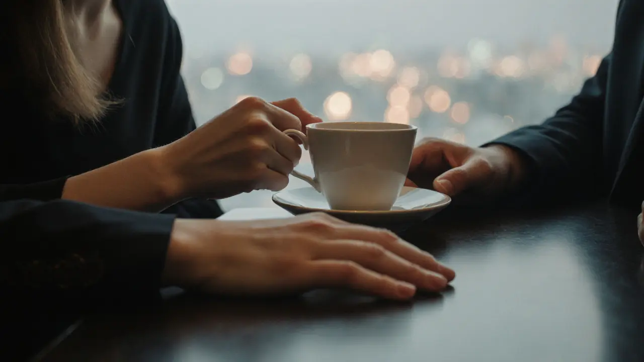 A woman holds a teacup as a man&#039;s hand rests nearby on a table, conveying trust and emotional safety.
