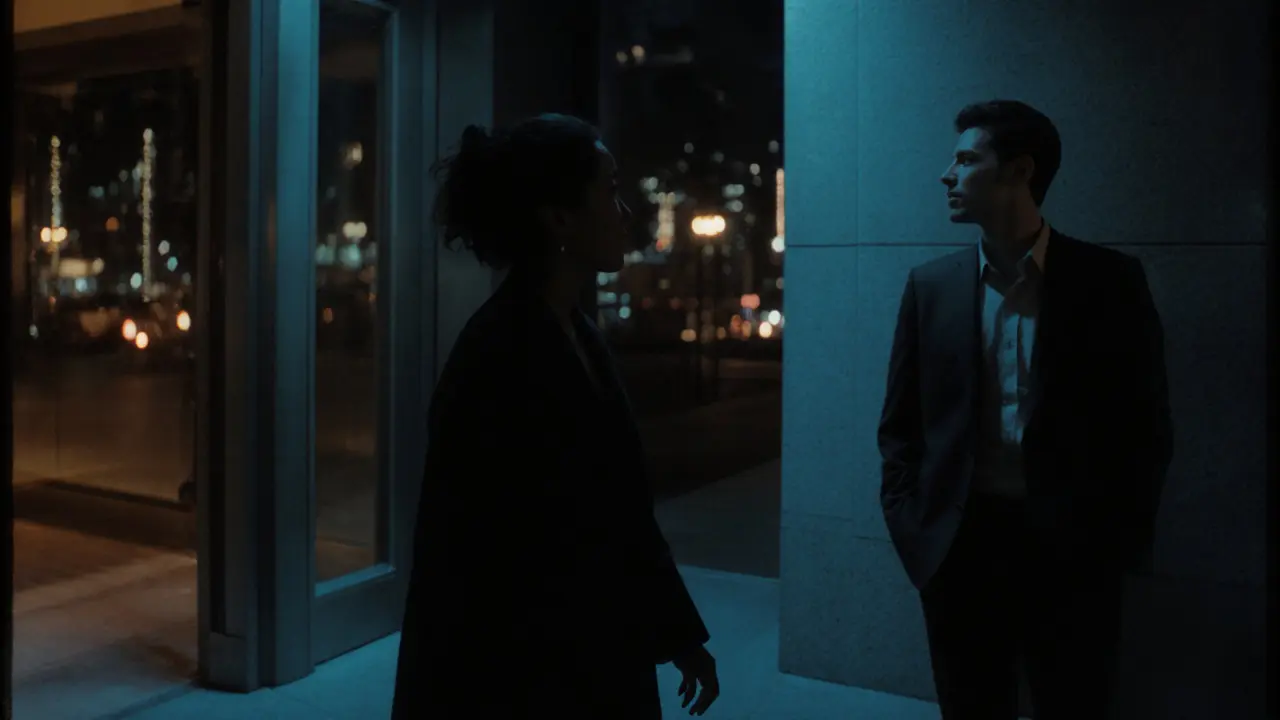 A woman walks away from a hotel at night, dignified and alone, as a man watches respectfully in the distance.