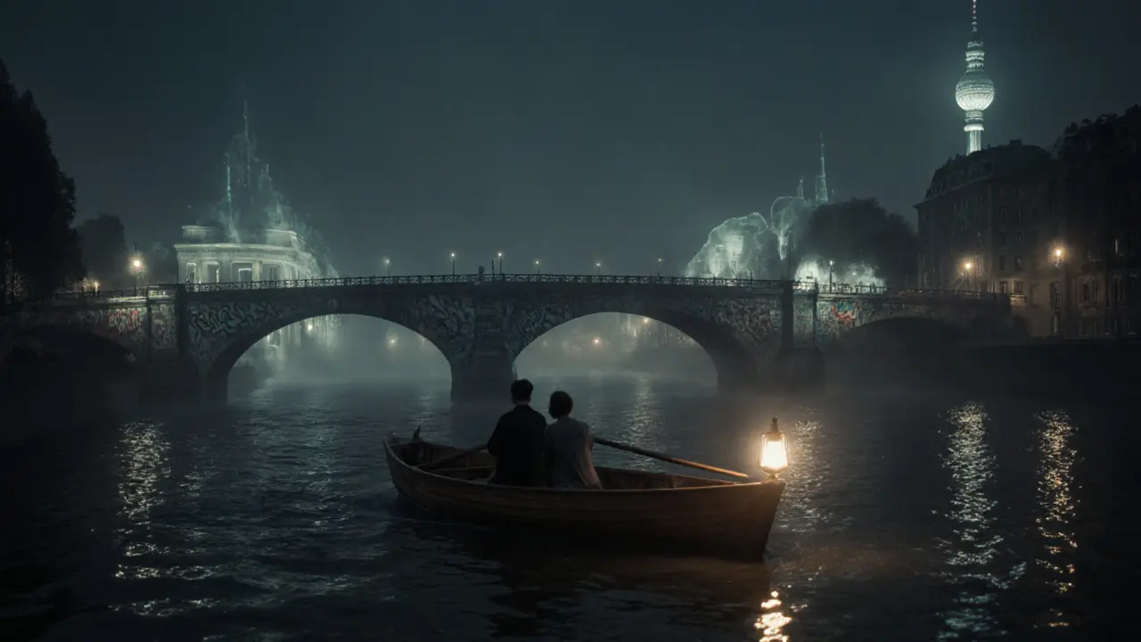 A wooden rowboat on the Spree River at night, lit by a lantern, passing under a graffiti-covered bridge.