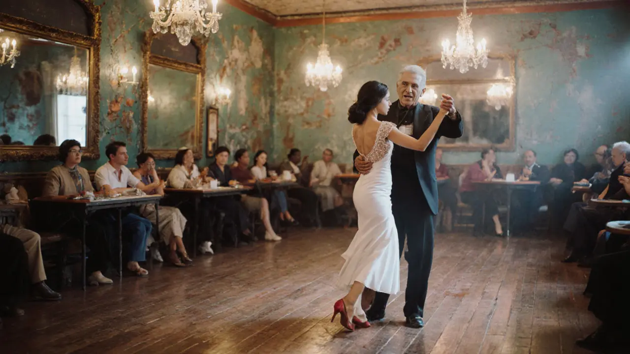 An elderly Cuban dance instructor guiding a beginner on a vintage wooden floor in a cozy Paris dance hall.