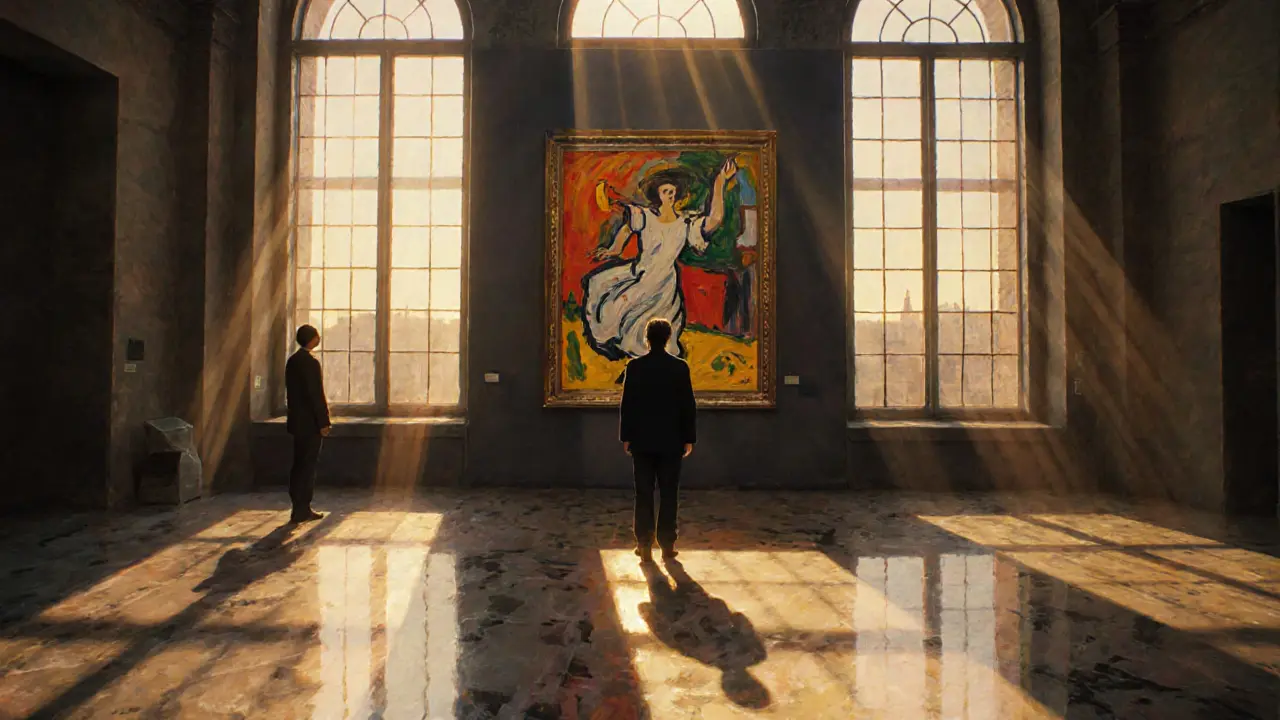 An empty art gallery with one person standing before Matisse&#039;s &#039;Dance&#039; painting in golden sunlight.