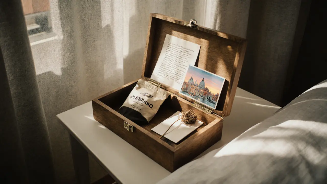 An empty wooden box holds small tokens of a meaningful encounter in Milan.