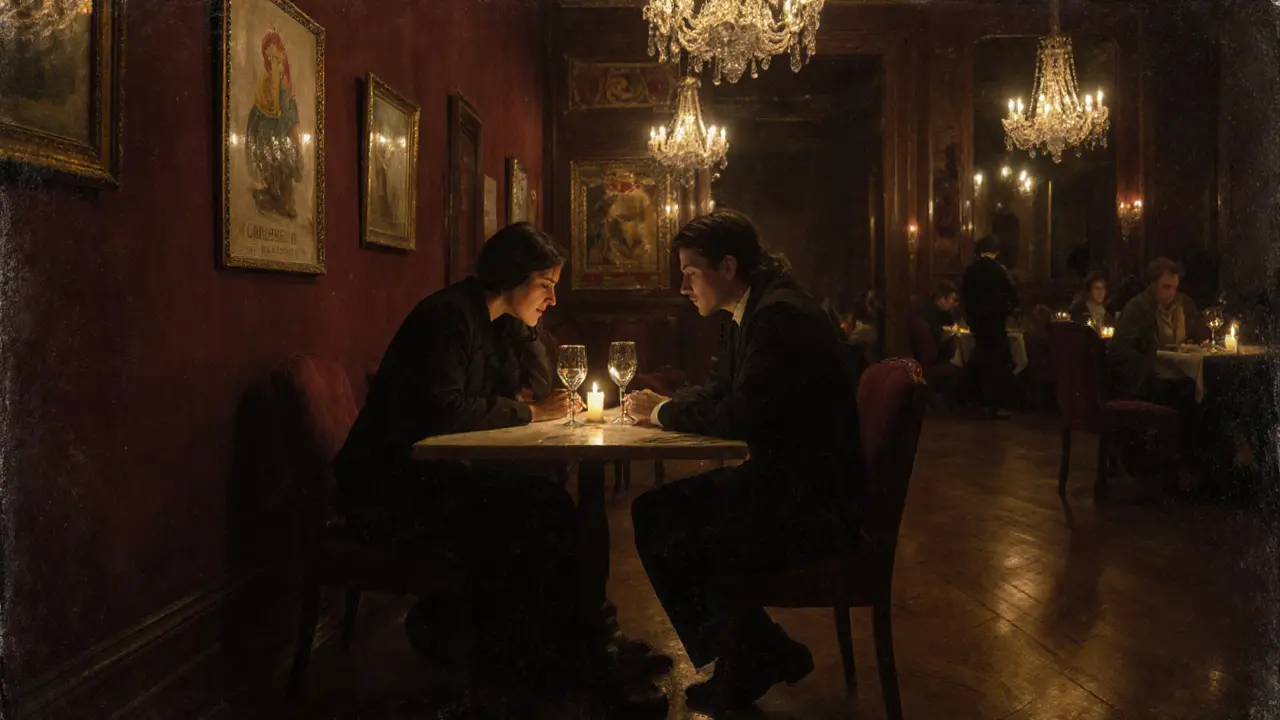 An intimate candlelit dinner at Clärchens Ballhaus, two figures sharing wine in a historic setting.