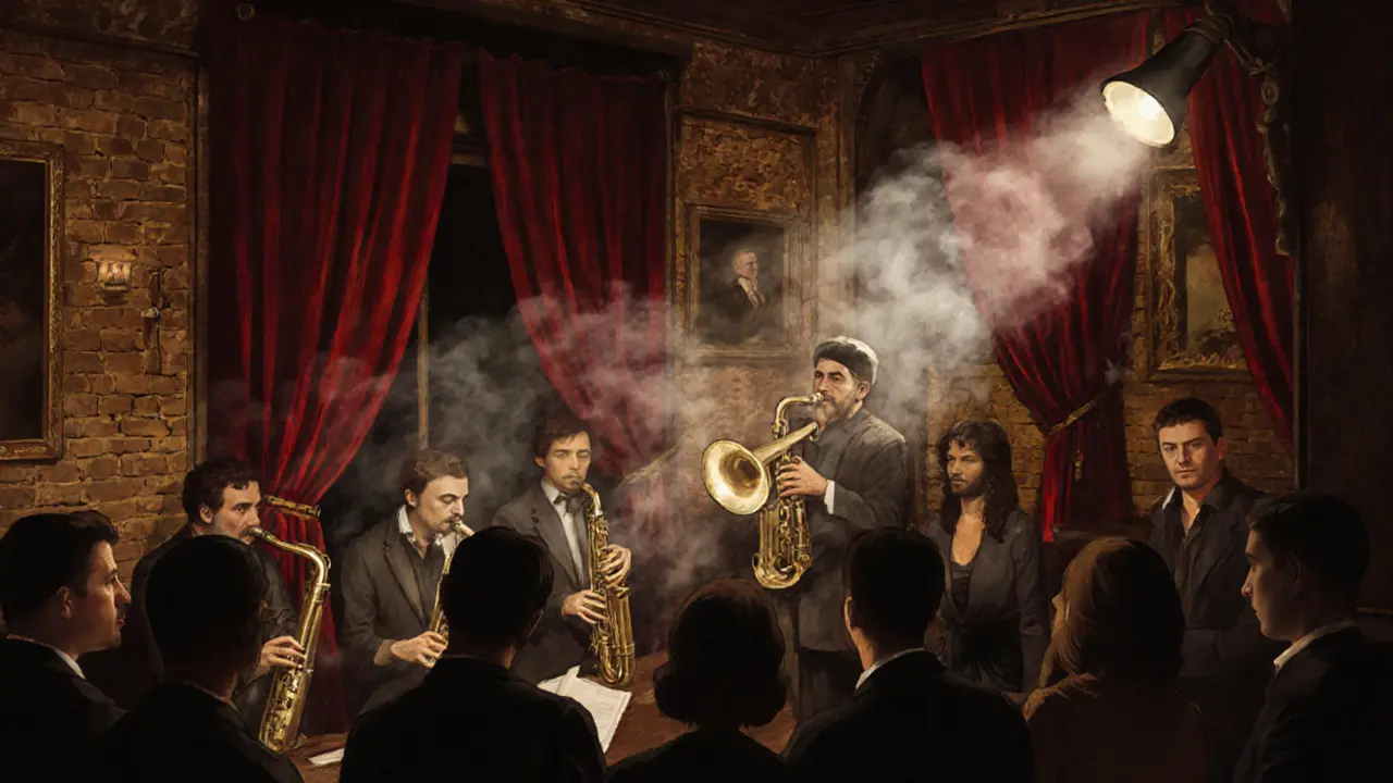 An intimate jazz club in Paris where musicians perform under a spotlight, surrounded by an absorbed crowd in a smoky, vintage room.