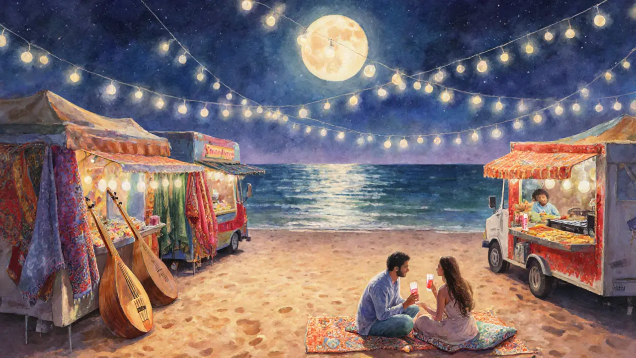 Beach night market under moonlight with food vendors, musical instruments, and cozy seating.