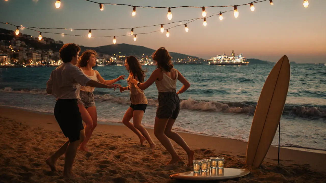 Beach party at night with string lights, people dancing on sand as waves roll in, surfboard with shot glasses.