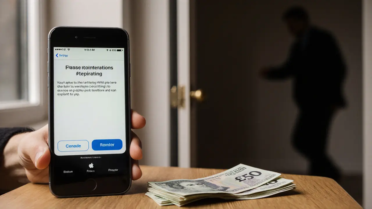 Cash and a contactless payment confirmation on a table, with a figure leaving through a door—no faces visible.