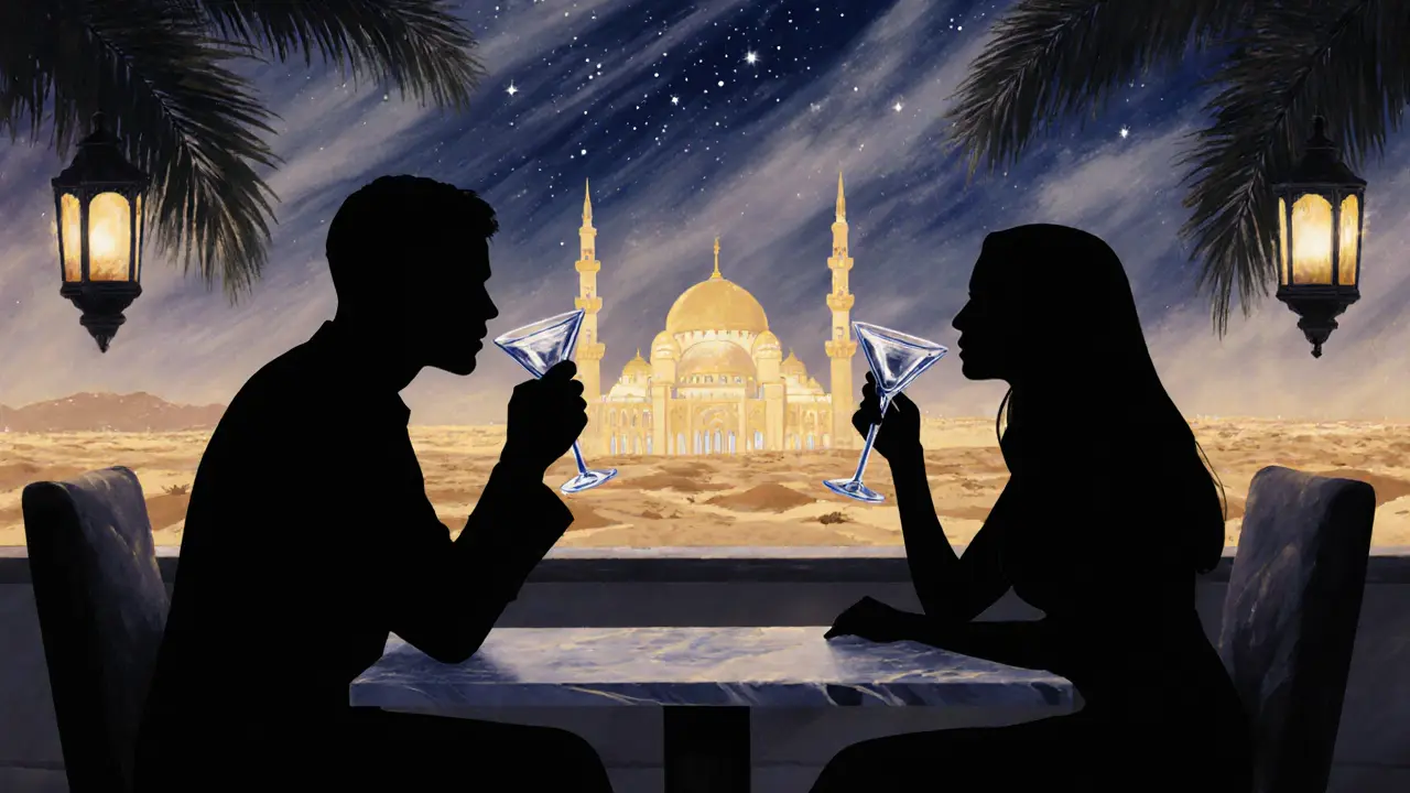 Couple on a rooftop overlooking the glowing Grand Mosque with stars above and lanterns nearby.