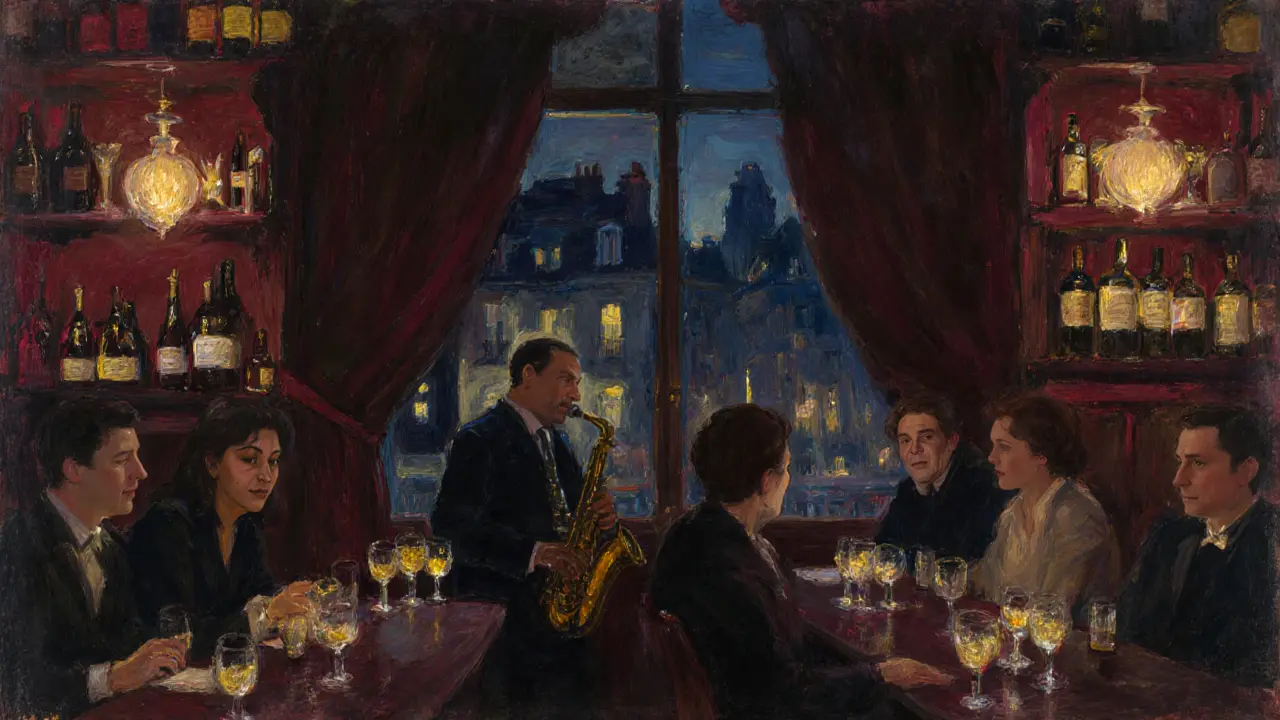 Cozy French bistro with saxophonist playing and soft disco lights at night.