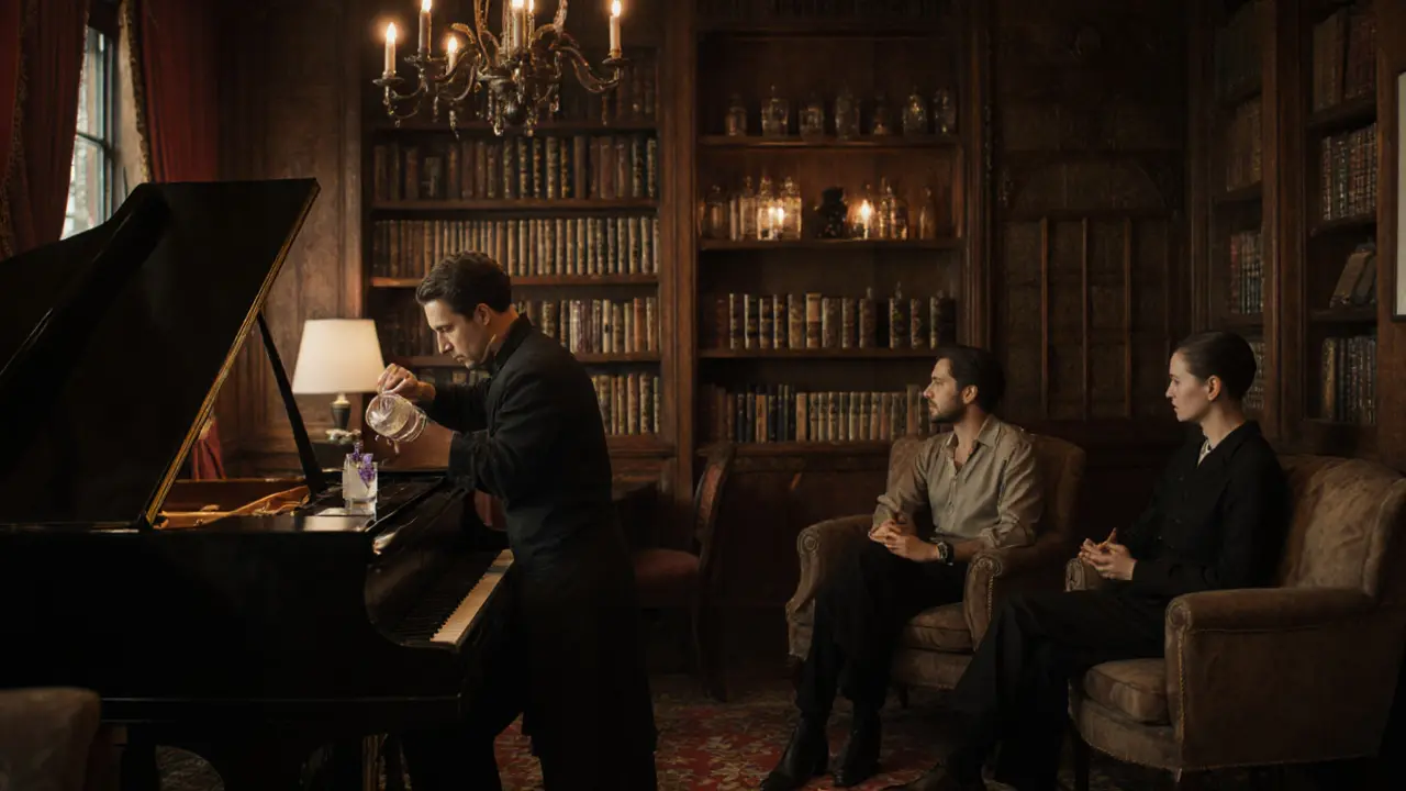 Cozy vintage salon with books, candlelight, and a bartender pouring a cocktail, two people talking quietly.