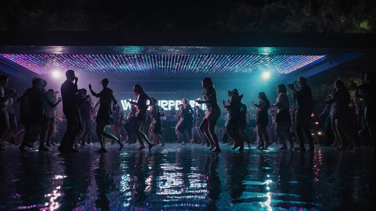 Crowd dancing by a pool under dazzling laser lights and LED ceiling in a nightclub.