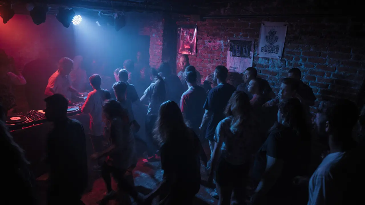 Crowd dancing in a dim, underground Milan club with industrial walls and vinyl turntables.