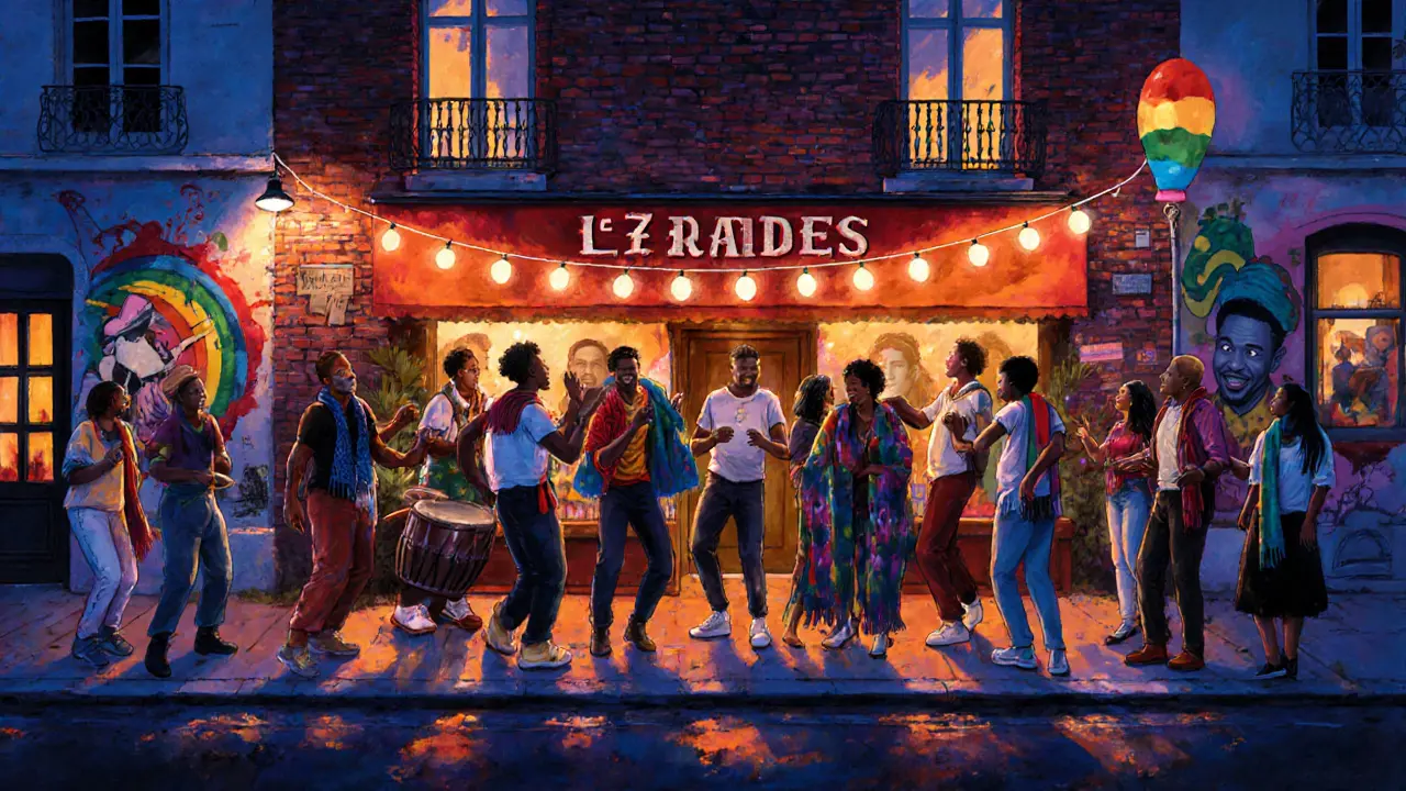 Crowd gathered outside Le 7 Lézards bar in Château Rouge, celebrating with music and poetry under colorful lights.