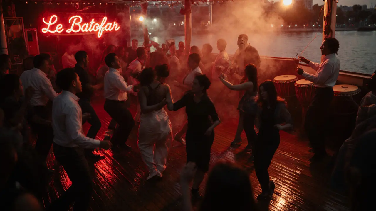 Dancers on a red-lit riverboat under pulsing Latin percussion, steam rising from the Seine at night.