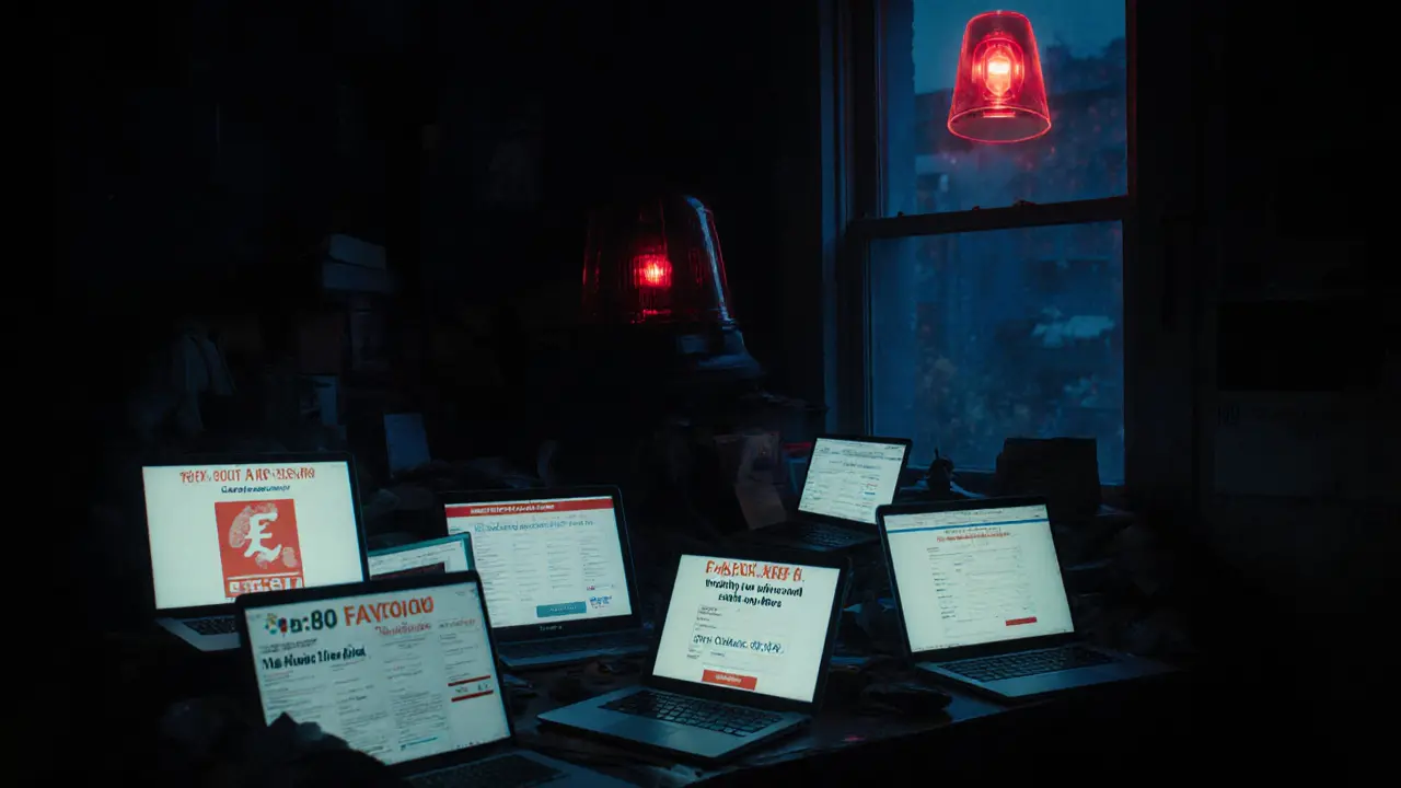 Dark room with multiple screens showing fake escort ads and payment confirmations, red police light flickering.