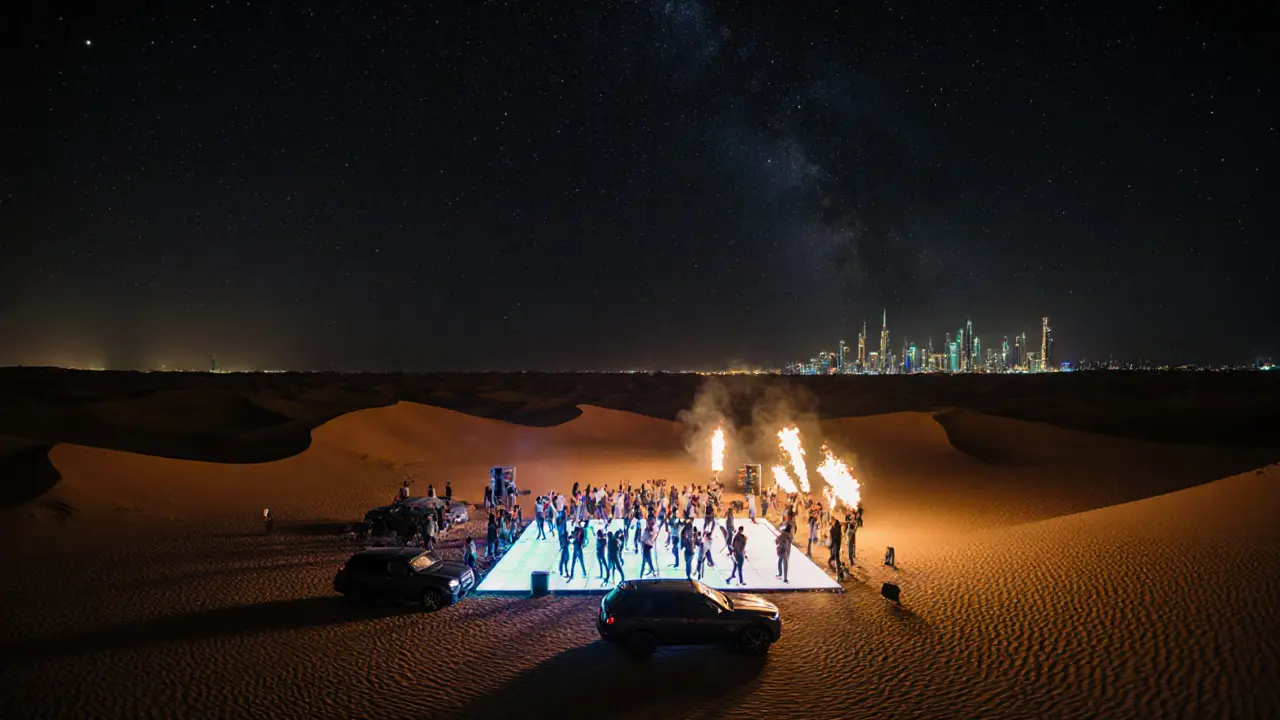 Desert disco party under stars with glowing dance floor, silhouettes dancing among dunes near Dubai&#039;s skyline.