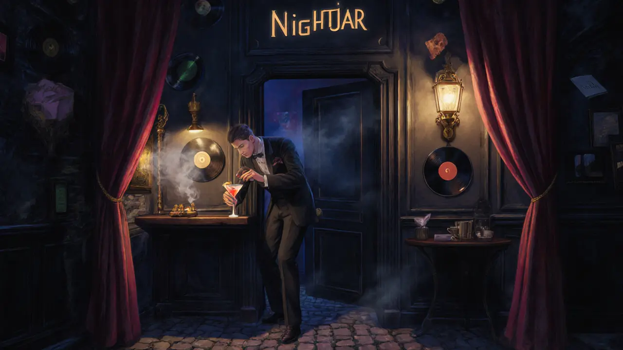 Dim speakeasy bar with bartender pouring a smoky cocktail in a 1920s-style alley.