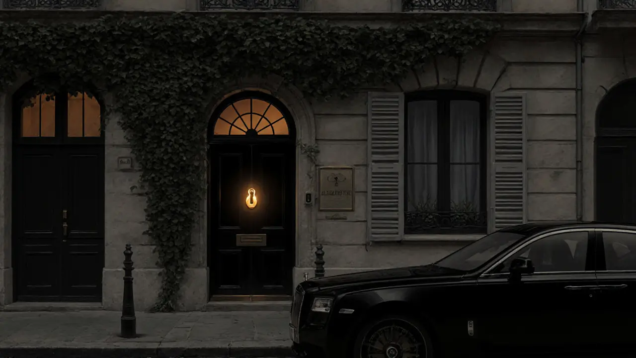 Discreet entrance of La Réserve Paris — unmarked townhouse door with glowing keyhole and silent luxury car.