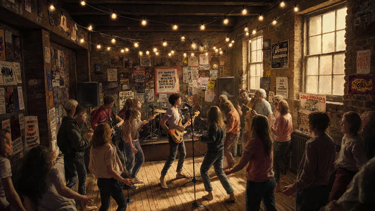 DIY punk gig at The Windmill with string lights, zines, and a diverse crowd dancing on wooden floors.