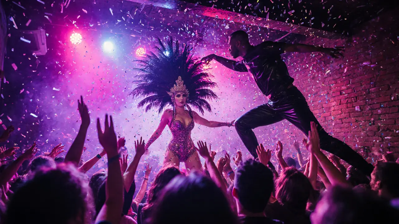 Drag performer on stage at La Belle Équipe, surrounded by glowing neon and dancing patrons in a basement club.