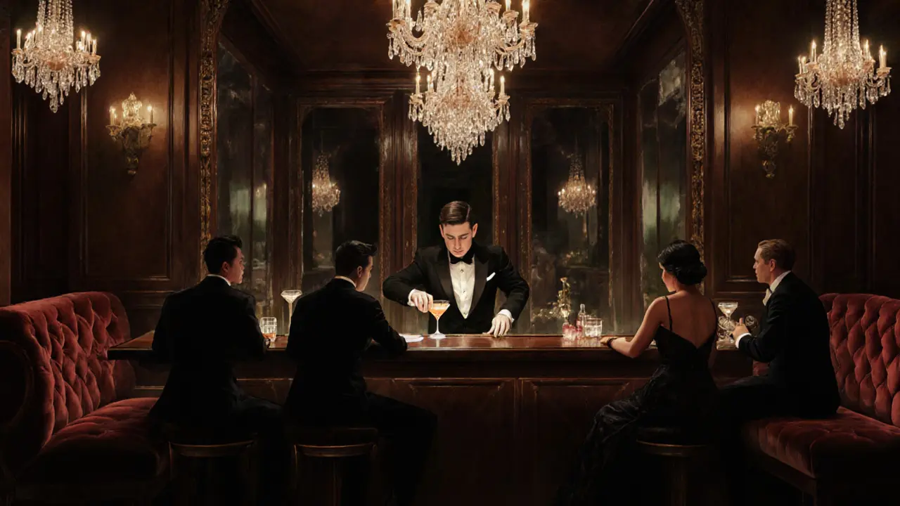 Elegant 1920s-style bar with velvet booths, crystal chandeliers, and a bartender crafting classic cocktails.