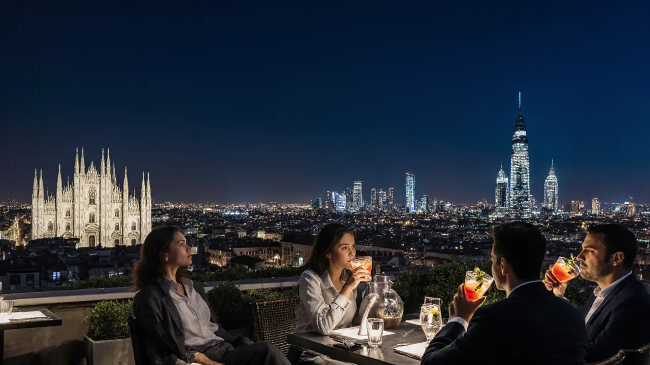 Elegant guests on a quiet rooftop terrace overlooking Milan&#039;s skyline at night.