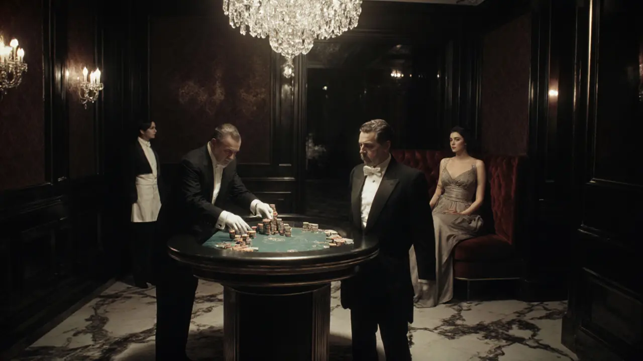 Elegant high-stakes baccarat game at The Ritz Club with tuxedoed player and chandelier lighting.