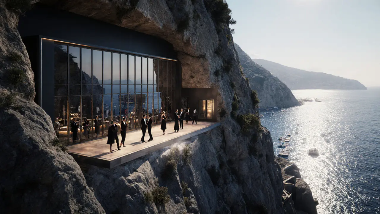Exclusive cliffside nightclub with panoramic harbor views, guests in black tie, and hidden entrance.