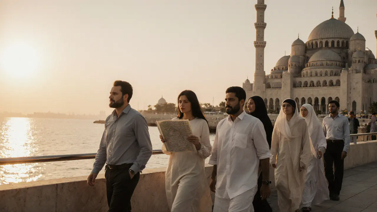 Expats on a cultural tour near Sheikh Zayed Grand Mosque, dressed modestly at twilight.