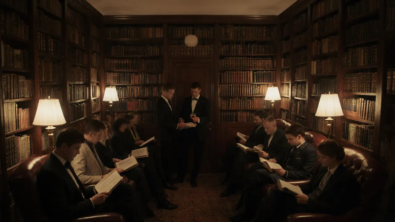 Fifty people reading silently in a candlelit 1920s-style reading room.