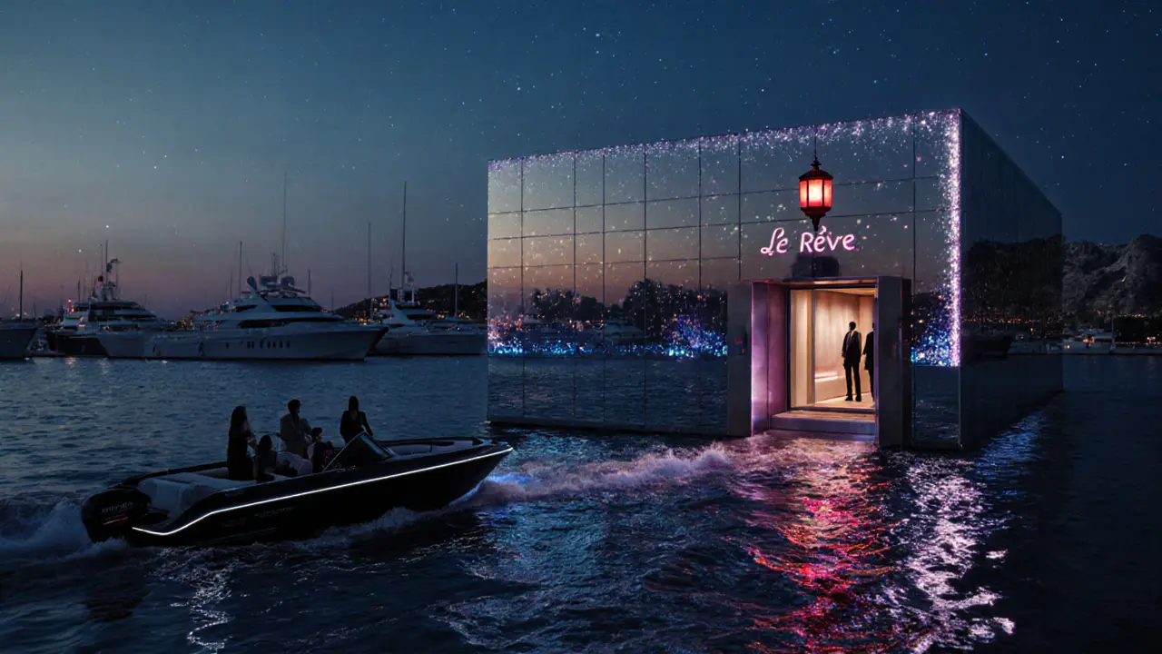 Floating nightclub Le Rêve on the Mediterranean at night, mirrored walls reflecting yachts and starlit water.
