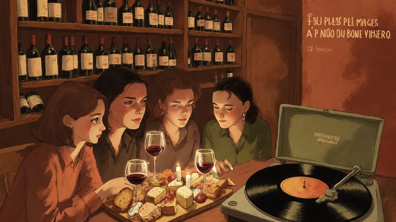 Group of friends enjoying wine and charcuterie in a cozy, candlelit Parisian wine bar.