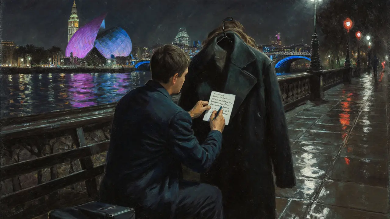 Handwritten note left on a coat near Tate Modern, city lights reflecting on wet pavement.